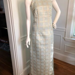 Elegant halter top dress, gold / blue, vtg 90s